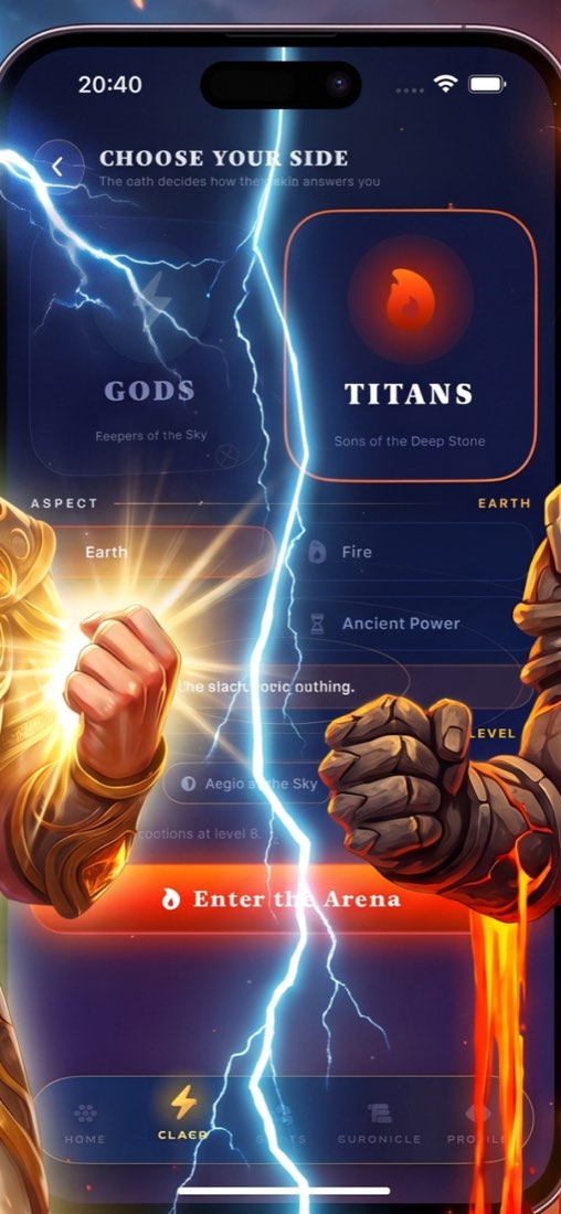 The Choose Your Side screen: Gods and Titans banners split by a bolt of lightning.