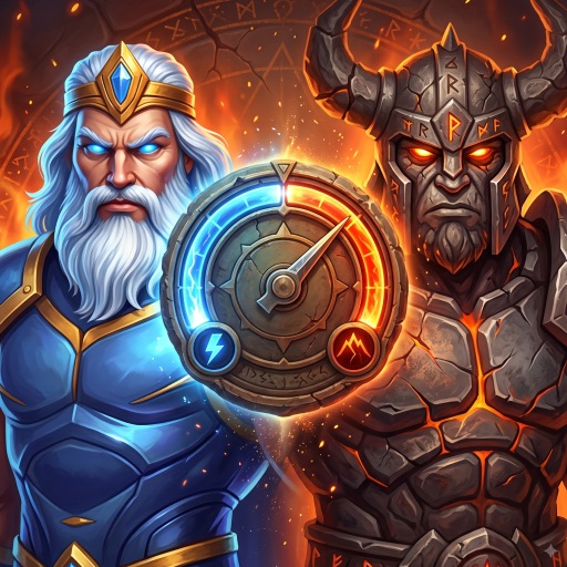 Mythic Clash app icon: a god and a titan facing each other across the arena stone.