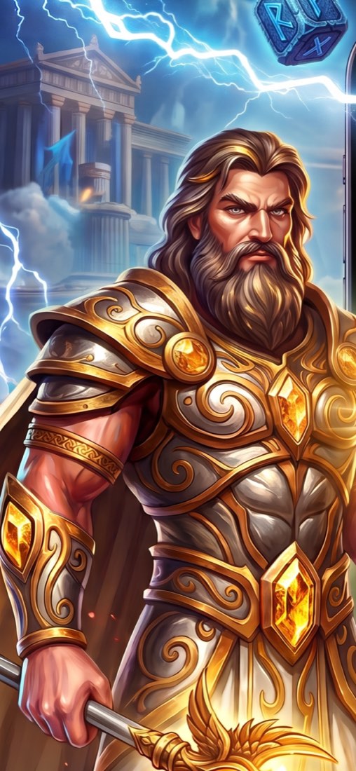 A god in gold and silver armour standing before a storm-lit temple in Mythic Clash.
